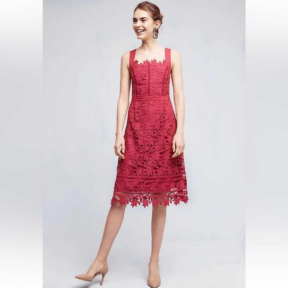 HD in Paris for Anthropologie Pink Lace cross Back Midi Dress